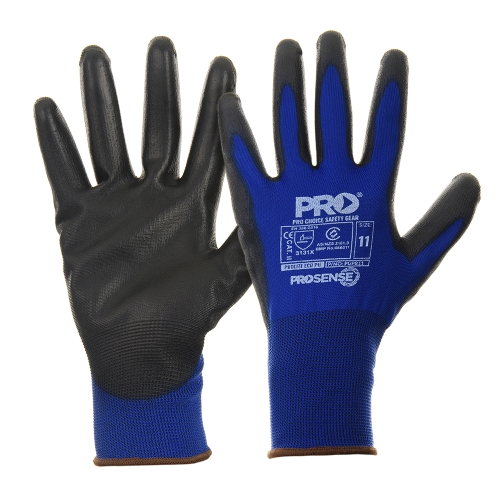 PRO-LITE ECO PU. 15G DARK BLUE POLYESTER GLOVE LINER WITH BLACK PU DIP